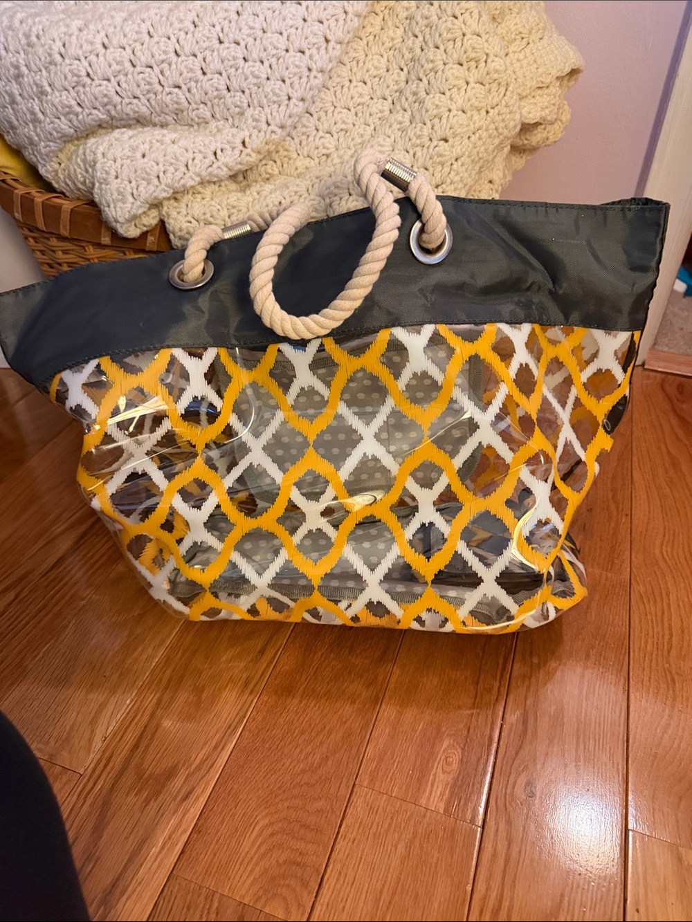 Clear Tote Bag with Yellow Lattice Pattern and Rope Handles